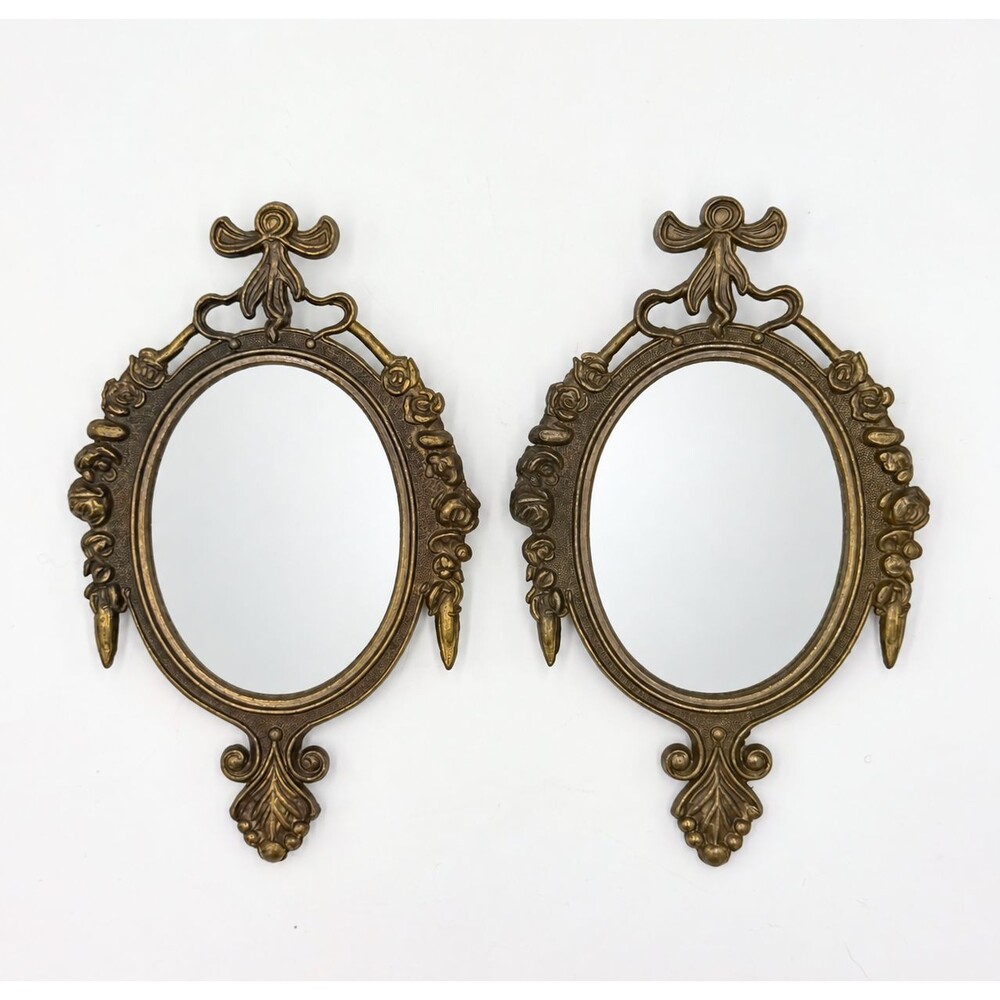 Vintage Made in Italy Ornate Brass Wall Mirrors Pair Floral Bow Rococo Decor x 2